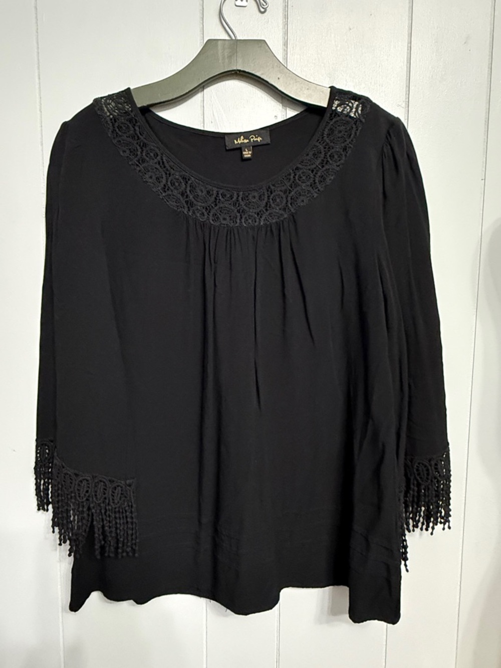 #17) Melissa Paige Black Crochet Yoke Tunic with Fringe Cuffs